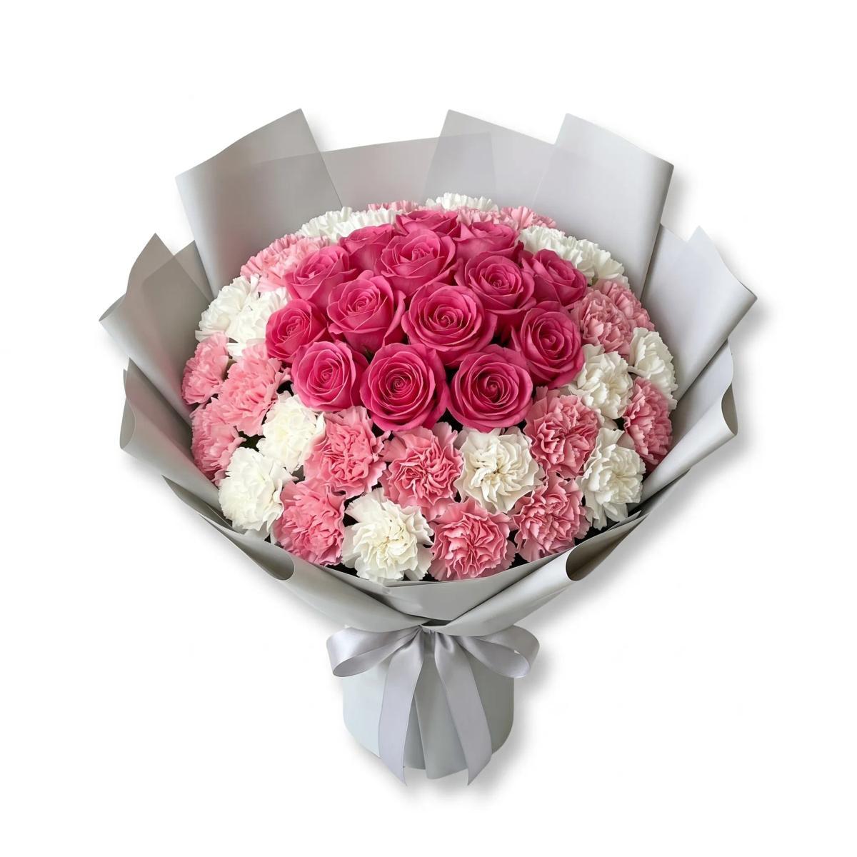 35cm flower bouquet with 7 pink roses and 10 pink and white carnations in soft blush pink matte wrapping, designed for apologies, thoughtful gestures, and gentle gifting in Chiang Mai.